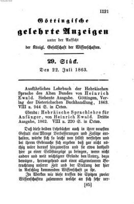 Göttingische gelehrte Anzeigen (Göttingische Zeitungen von gelehrten Sachen) Mittwoch 22. Juli 1863