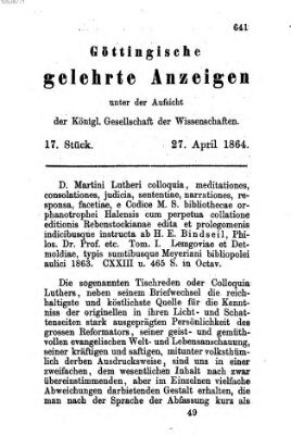 Göttingische gelehrte Anzeigen (Göttingische Zeitungen von gelehrten Sachen) Mittwoch 27. April 1864