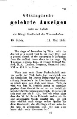 Göttingische gelehrte Anzeigen (Göttingische Zeitungen von gelehrten Sachen) Mittwoch 11. Mai 1864