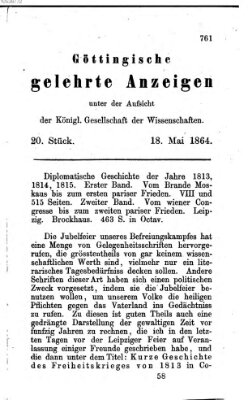 Göttingische gelehrte Anzeigen (Göttingische Zeitungen von gelehrten Sachen) Mittwoch 18. Mai 1864