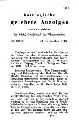 Göttingische gelehrte Anzeigen (Göttingische Zeitungen von gelehrten Sachen) Mittwoch 21. September 1864