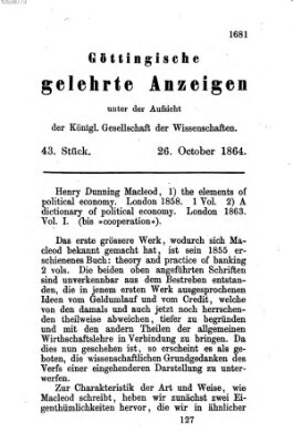 Göttingische gelehrte Anzeigen (Göttingische Zeitungen von gelehrten Sachen) Mittwoch 26. Oktober 1864