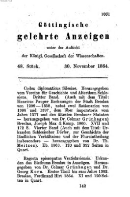 Göttingische gelehrte Anzeigen (Göttingische Zeitungen von gelehrten Sachen) Mittwoch 30. November 1864