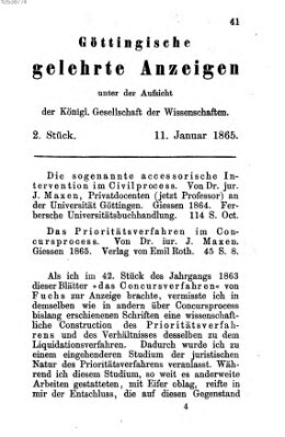 Göttingische gelehrte Anzeigen (Göttingische Zeitungen von gelehrten Sachen) Mittwoch 11. Januar 1865