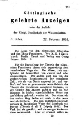 Göttingische gelehrte Anzeigen (Göttingische Zeitungen von gelehrten Sachen) Mittwoch 22. Februar 1865