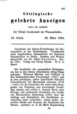 Göttingische gelehrte Anzeigen (Göttingische Zeitungen von gelehrten Sachen) Mittwoch 22. März 1865