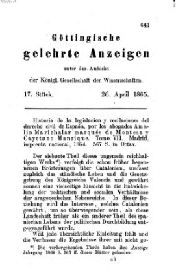 Göttingische gelehrte Anzeigen (Göttingische Zeitungen von gelehrten Sachen) Mittwoch 26. April 1865