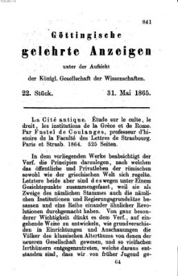 Göttingische gelehrte Anzeigen (Göttingische Zeitungen von gelehrten Sachen) Mittwoch 31. Mai 1865