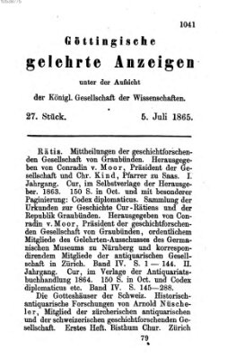 Göttingische gelehrte Anzeigen (Göttingische Zeitungen von gelehrten Sachen) Mittwoch 5. Juli 1865