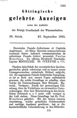 Göttingische gelehrte Anzeigen (Göttingische Zeitungen von gelehrten Sachen) Mittwoch 27. September 1865