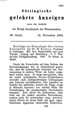 Göttingische gelehrte Anzeigen (Göttingische Zeitungen von gelehrten Sachen) Mittwoch 15. November 1865