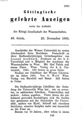 Göttingische gelehrte Anzeigen (Göttingische Zeitungen von gelehrten Sachen) Mittwoch 29. November 1865