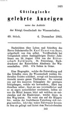 Göttingische gelehrte Anzeigen (Göttingische Zeitungen von gelehrten Sachen) Mittwoch 6. Dezember 1865