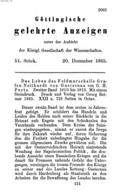 Göttingische gelehrte Anzeigen (Göttingische Zeitungen von gelehrten Sachen) Mittwoch 20. Dezember 1865