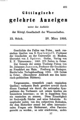 Göttingische gelehrte Anzeigen (Göttingische Zeitungen von gelehrten Sachen) Mittwoch 28. März 1866