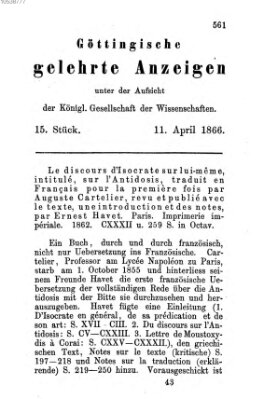 Göttingische gelehrte Anzeigen (Göttingische Zeitungen von gelehrten Sachen) Mittwoch 11. April 1866