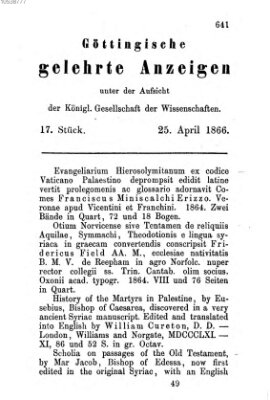 Göttingische gelehrte Anzeigen (Göttingische Zeitungen von gelehrten Sachen) Mittwoch 25. April 1866