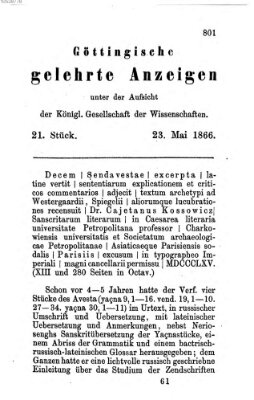 Göttingische gelehrte Anzeigen (Göttingische Zeitungen von gelehrten Sachen) Mittwoch 23. Mai 1866