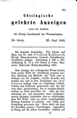 Göttingische gelehrte Anzeigen (Göttingische Zeitungen von gelehrten Sachen) Mittwoch 20. Juni 1866