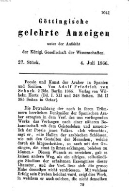 Göttingische gelehrte Anzeigen (Göttingische Zeitungen von gelehrten Sachen) Mittwoch 4. Juli 1866