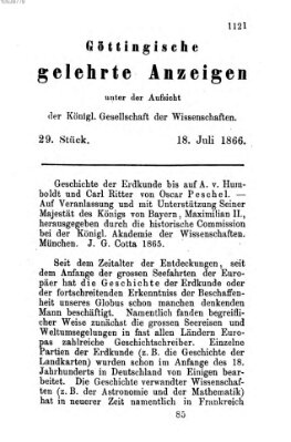 Göttingische gelehrte Anzeigen (Göttingische Zeitungen von gelehrten Sachen) Mittwoch 18. Juli 1866