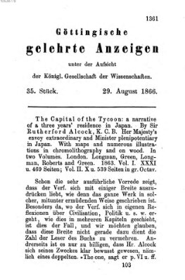 Göttingische gelehrte Anzeigen (Göttingische Zeitungen von gelehrten Sachen) Mittwoch 29. August 1866