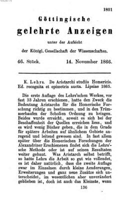 Göttingische gelehrte Anzeigen (Göttingische Zeitungen von gelehrten Sachen) Mittwoch 14. November 1866