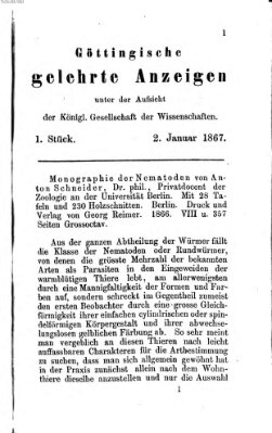 Göttingische gelehrte Anzeigen (Göttingische Zeitungen von gelehrten Sachen) Mittwoch 2. Januar 1867