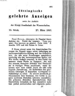 Göttingische gelehrte Anzeigen (Göttingische Zeitungen von gelehrten Sachen) Mittwoch 27. März 1867