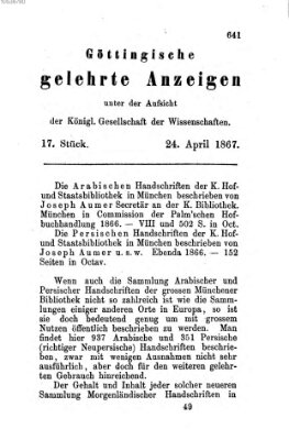 Göttingische gelehrte Anzeigen (Göttingische Zeitungen von gelehrten Sachen) Mittwoch 24. April 1867