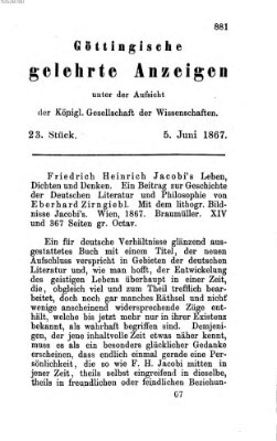 Göttingische gelehrte Anzeigen (Göttingische Zeitungen von gelehrten Sachen) Mittwoch 5. Juni 1867