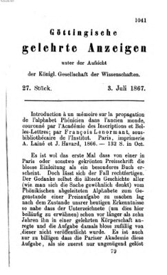 Göttingische gelehrte Anzeigen (Göttingische Zeitungen von gelehrten Sachen) Mittwoch 3. Juli 1867