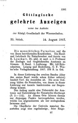 Göttingische gelehrte Anzeigen (Göttingische Zeitungen von gelehrten Sachen) Mittwoch 14. August 1867