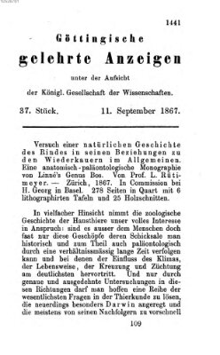 Göttingische gelehrte Anzeigen (Göttingische Zeitungen von gelehrten Sachen) Mittwoch 11. September 1867