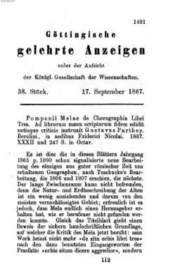 Göttingische gelehrte Anzeigen (Göttingische Zeitungen von gelehrten Sachen) Dienstag 17. September 1867