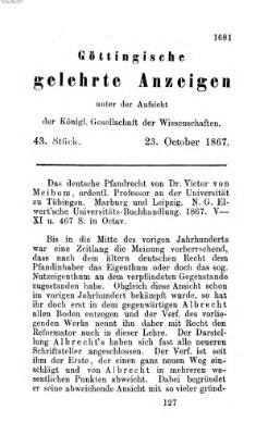 Göttingische gelehrte Anzeigen (Göttingische Zeitungen von gelehrten Sachen) Mittwoch 23. Oktober 1867