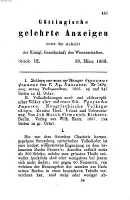 Göttingische gelehrte Anzeigen (Göttingische Zeitungen von gelehrten Sachen) Mittwoch 18. März 1868