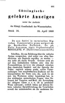 Göttingische gelehrte Anzeigen (Göttingische Zeitungen von gelehrten Sachen) Mittwoch 15. April 1868