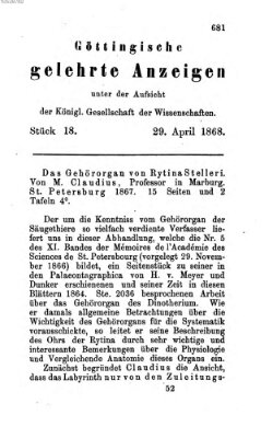 Göttingische gelehrte Anzeigen (Göttingische Zeitungen von gelehrten Sachen) Mittwoch 29. April 1868