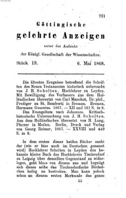 Göttingische gelehrte Anzeigen (Göttingische Zeitungen von gelehrten Sachen) Mittwoch 6. Mai 1868