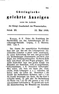 Göttingische gelehrte Anzeigen (Göttingische Zeitungen von gelehrten Sachen) Mittwoch 13. Mai 1868