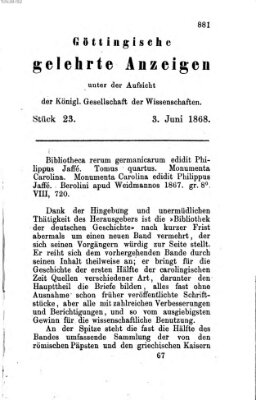 Göttingische gelehrte Anzeigen (Göttingische Zeitungen von gelehrten Sachen) Mittwoch 3. Juni 1868