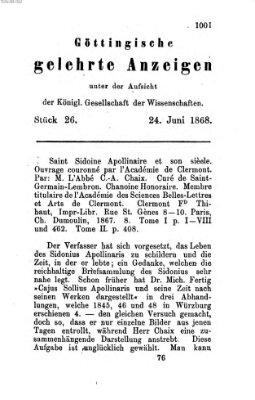 Göttingische gelehrte Anzeigen (Göttingische Zeitungen von gelehrten Sachen) Mittwoch 24. Juni 1868