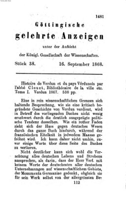 Göttingische gelehrte Anzeigen (Göttingische Zeitungen von gelehrten Sachen) Mittwoch 16. September 1868