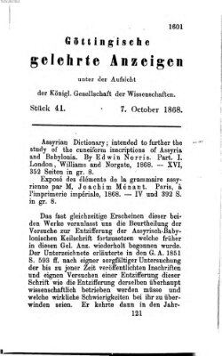 Göttingische gelehrte Anzeigen (Göttingische Zeitungen von gelehrten Sachen) Mittwoch 7. Oktober 1868