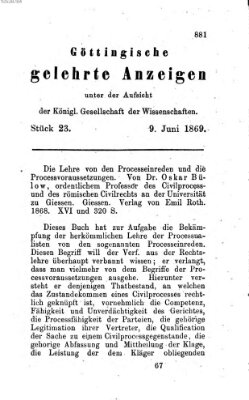 Göttingische gelehrte Anzeigen (Göttingische Zeitungen von gelehrten Sachen) Mittwoch 9. Juni 1869