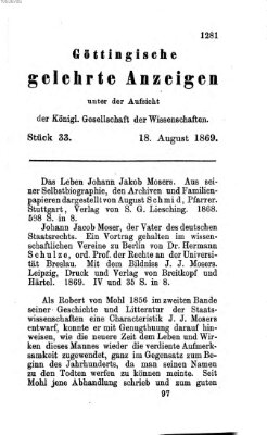 Göttingische gelehrte Anzeigen (Göttingische Zeitungen von gelehrten Sachen) Mittwoch 18. August 1869