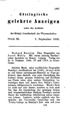 Göttingische gelehrte Anzeigen (Göttingische Zeitungen von gelehrten Sachen) Mittwoch 1. September 1869