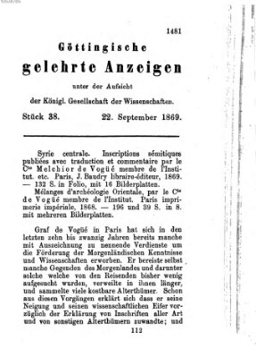 Göttingische gelehrte Anzeigen (Göttingische Zeitungen von gelehrten Sachen) Mittwoch 22. September 1869