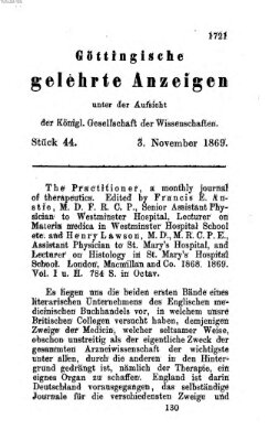 Göttingische gelehrte Anzeigen (Göttingische Zeitungen von gelehrten Sachen) Mittwoch 3. November 1869